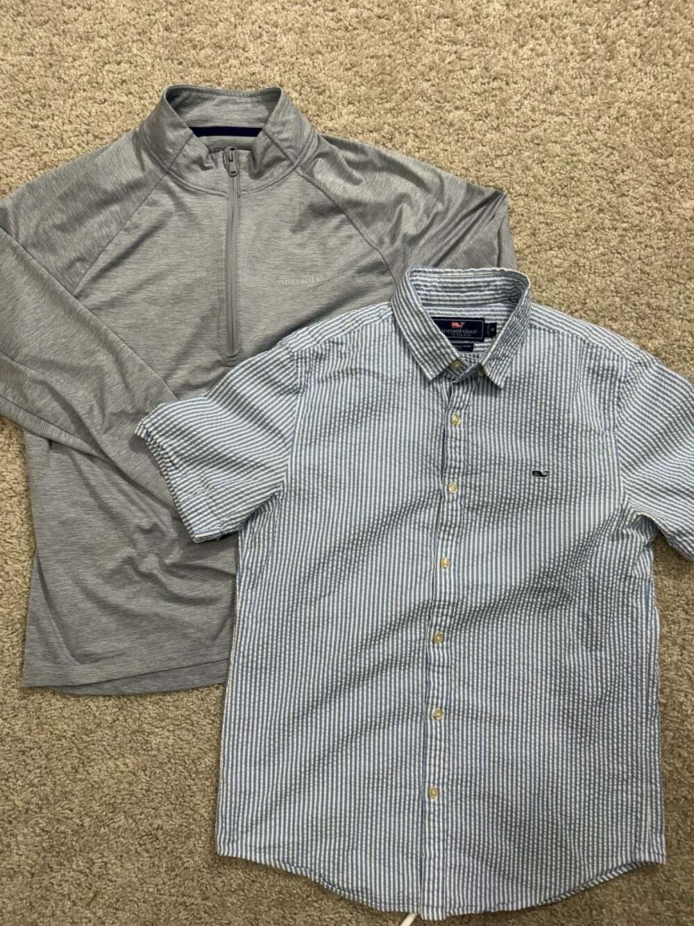 Vineyard Vines Slim Fit Whale Shirt Blue White Striped Seersucker Short Sleeve S